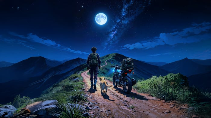 Person with dog and motorcycle on mountain path at night