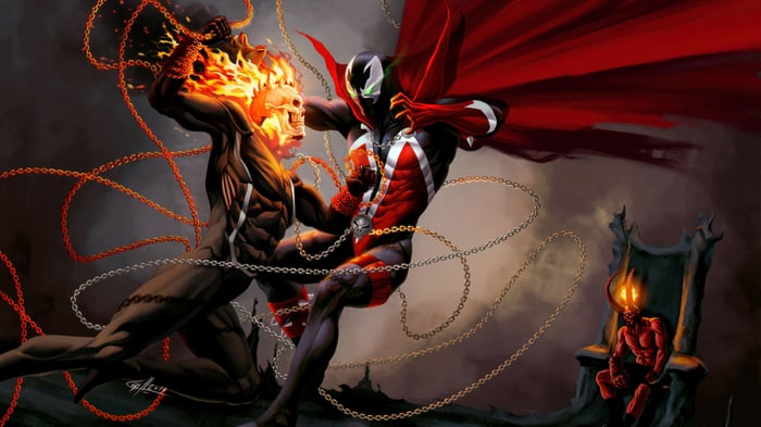 Spawn vs Ghost Rider with a demon on a throne