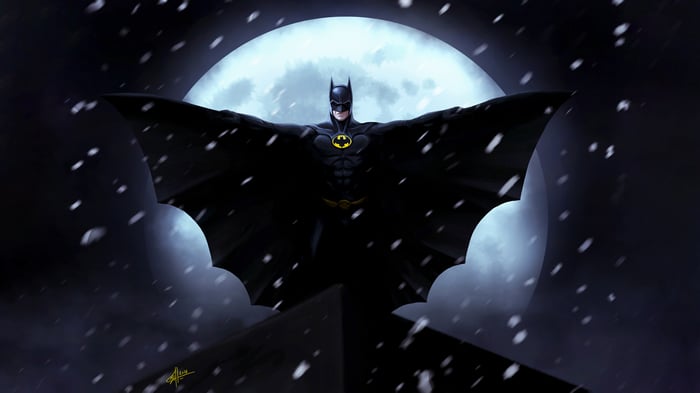 Batman in the snow with a full moon