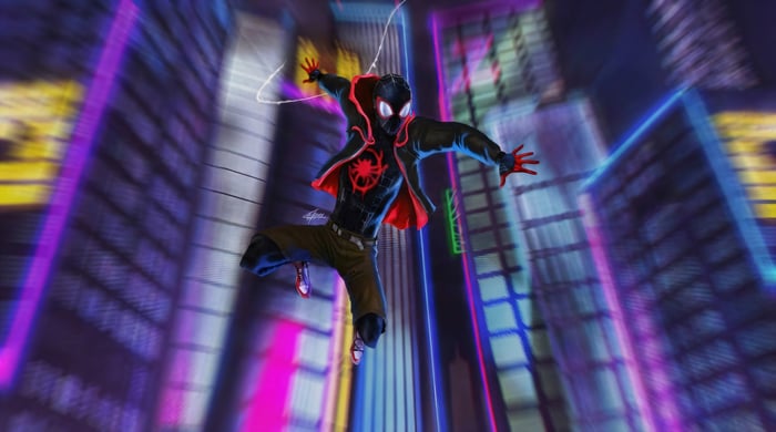 Miles Morales Swinging Through a Neon City