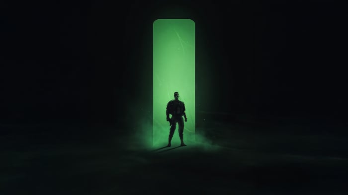 Soldier standing in a green light portal