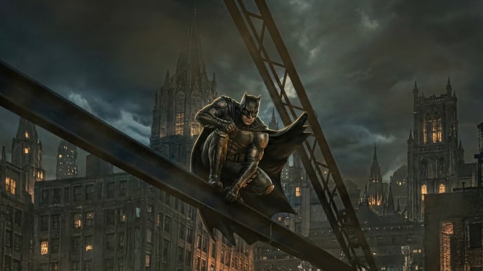 Batman Crouching on a Steel Beam Overlooking a City