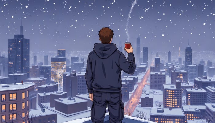 Boy holding a mug on a snowy city rooftop