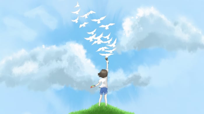 Anime Girl Painting White Doves into the Sky