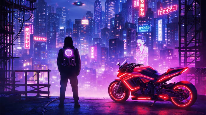 Cyberpunk Neon City with Motorcycle and Person
