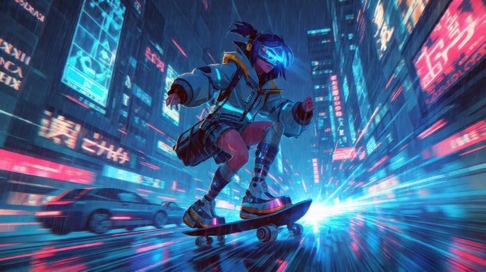 Cyberpunk Anime Girl Skateboarding Through Future City