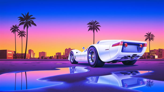 White Retro Future Sports Car at Sunset