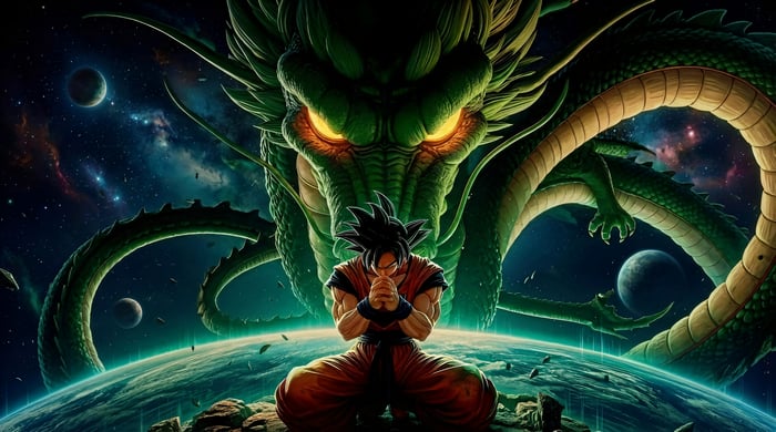 Goku and Shenron in space above Earth