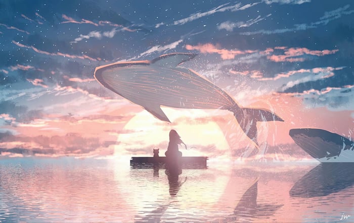 Girl and Cat Watch Sky Whales at Sunset