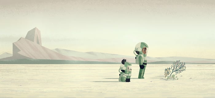 Space Explorer and Robot Dog on an Alien Planet