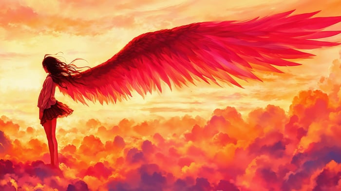 Girl with large red wings in a fiery sky