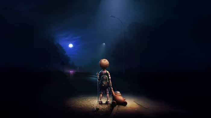 Boy with backpack and teddy bear lost at night