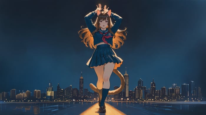 Anime Cat Girl Poses in City at Night