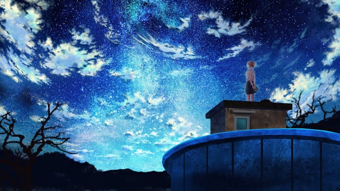 Anime Girl Standing on a Rooftop Under Infinite Stars