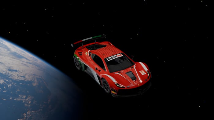 Ferrari race car in space with Earth below