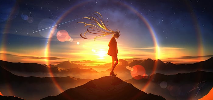 Hatsune Miku stands on a mountain at sunset with a rainbow