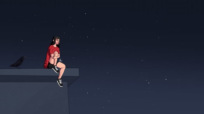 Girl and crow sitting on a rooftop at night