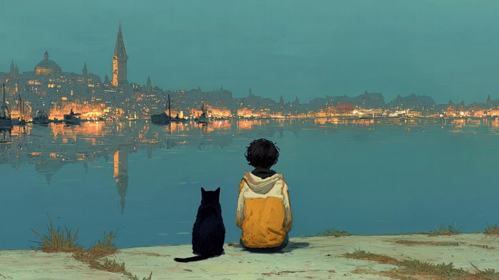 Boy and cat watch city lights at dusk