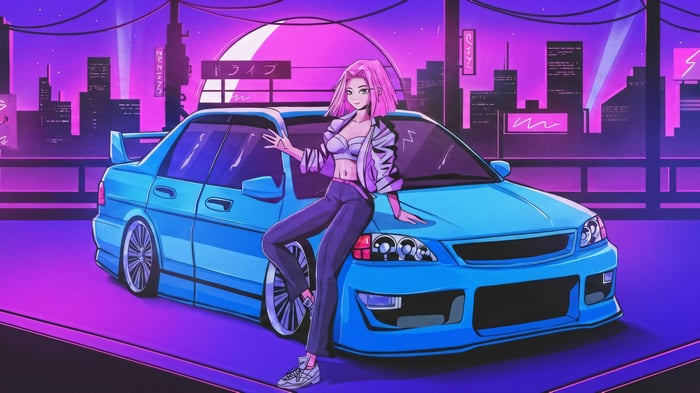 Anime girl with a neon blue car in a city