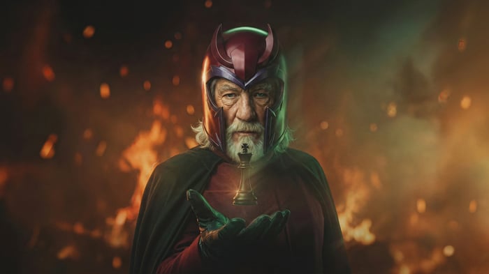 Magneto holding a chess piece with fire in the background