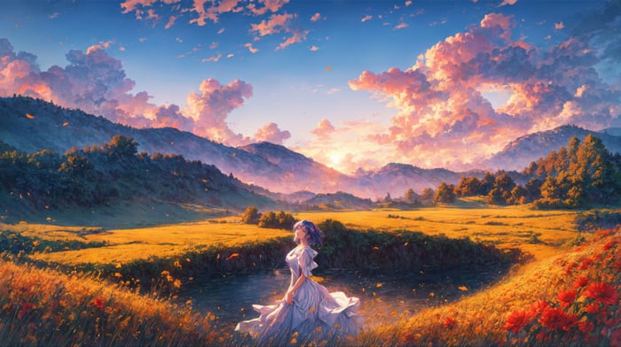 Anime girl in a flower field at dusk