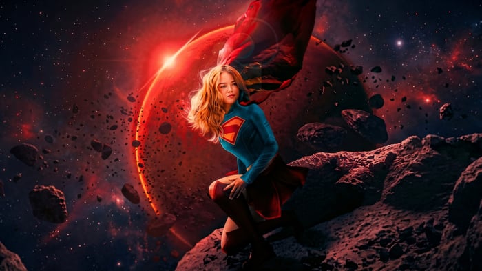 Supergirl in space with a red planet and asteroids