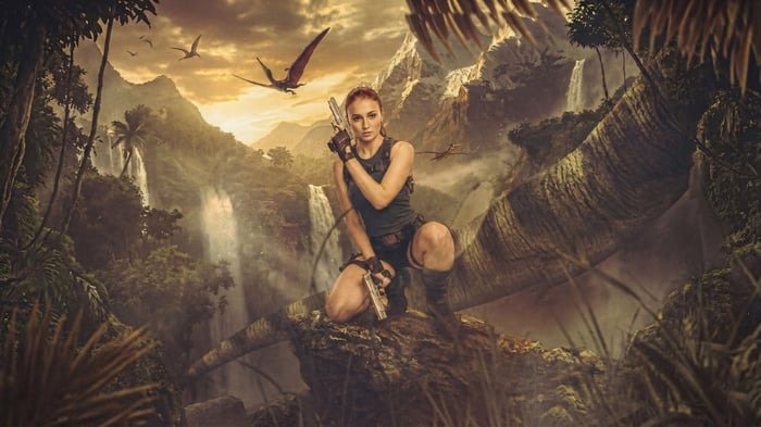 Sophie Turner as Lara Croft in a jungle