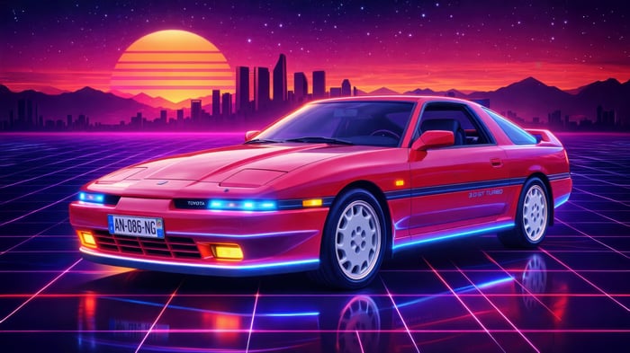 Red Toyota Supra A70 Turbo on a neon grid