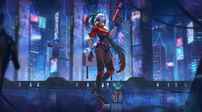 Cyberpunk Female Warrior with Cat in Neon City