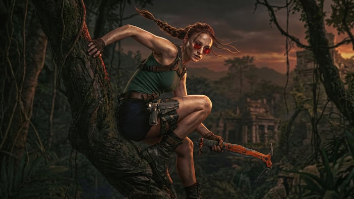 Lara Croft in a Jungle with Ancient Ruins