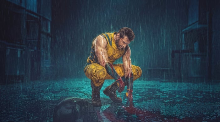 Wolverine Crouching in the Rain with Blood
