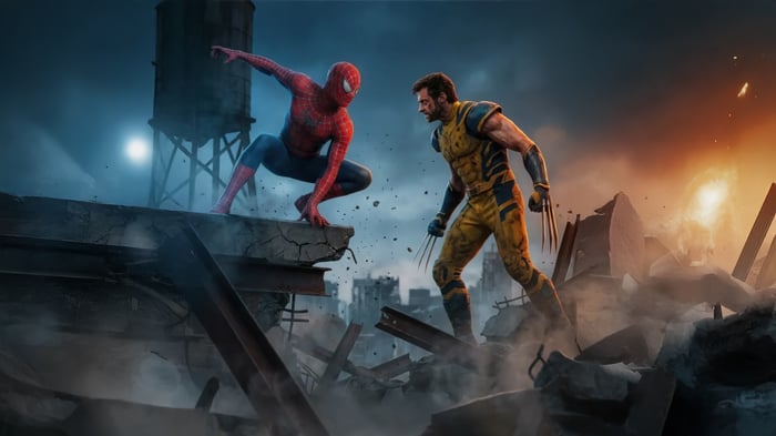 Spider-Man and Wolverine face off in a ruined city