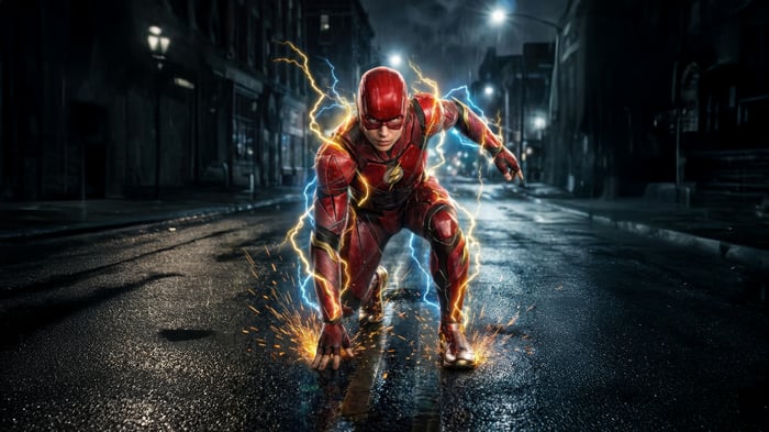 The Flash in a crouched position with lightning