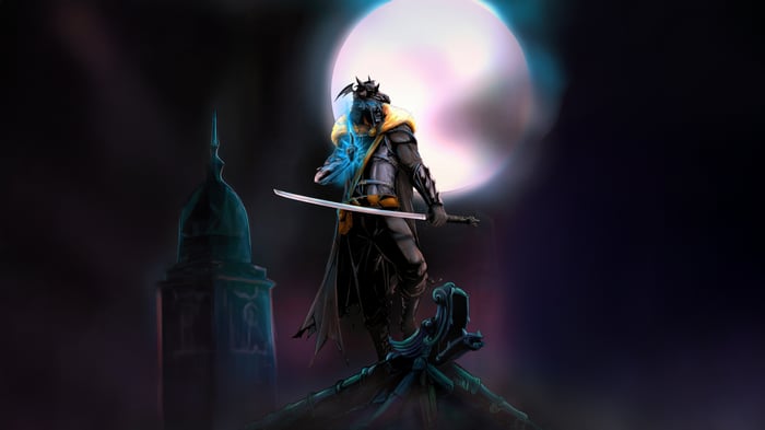 Shinobi warrior with glowing hand and sword at night
