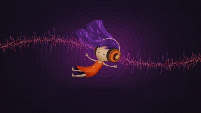 Girl with headphones floating and listening to music
