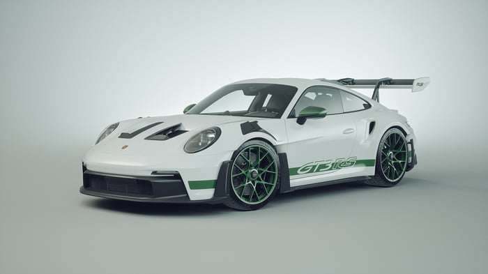 White Porsche 911 GT3 RS with green accents