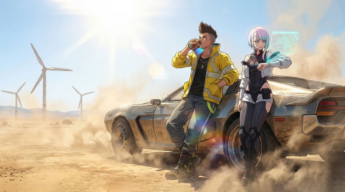 David and Lucy from Cyberpunk Edgerunners in the desert
