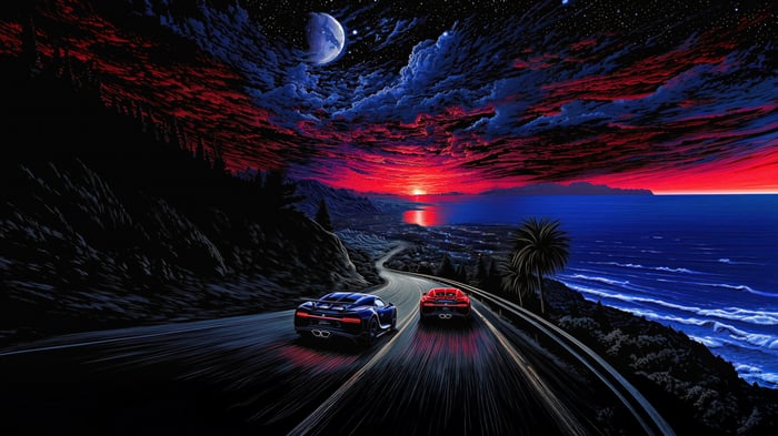 Sports Cars Racing on Coastal Road at Sunset