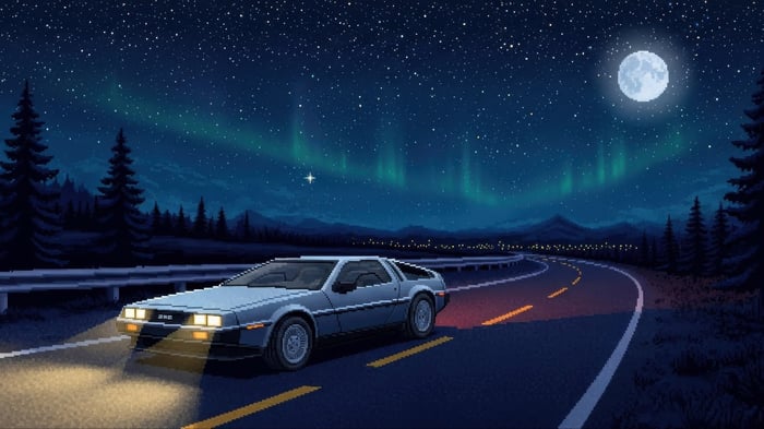 Delorean driving on a mountain road under the aurora borealis