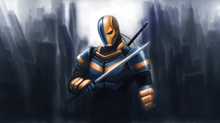 Deathstroke holding a sword in a city