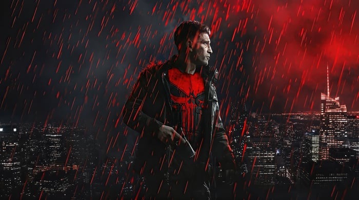The Punisher in the Rain Over a City