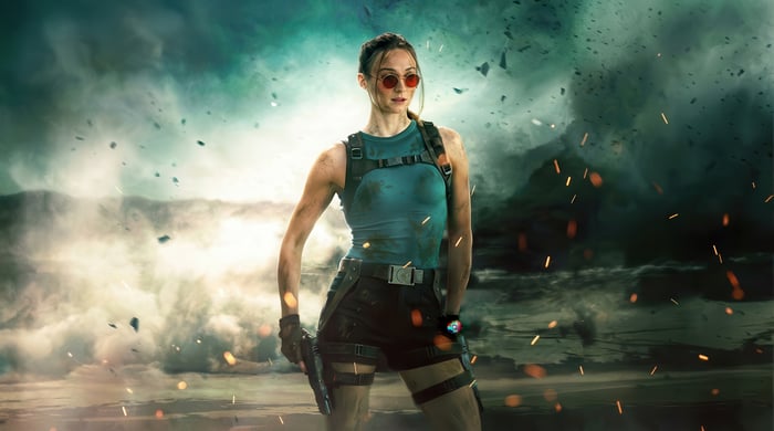 Lara Croft in a dramatic, stormy environment