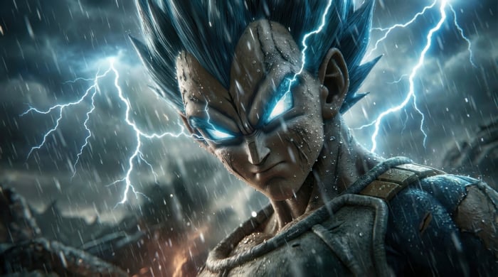 Vegeta in Super Saiyan Blue during a thunderstorm