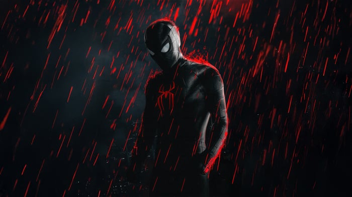Spider-Man in a dark, rainy environment