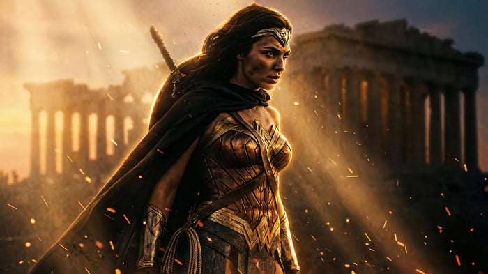 Wonder Woman in front of ancient ruins