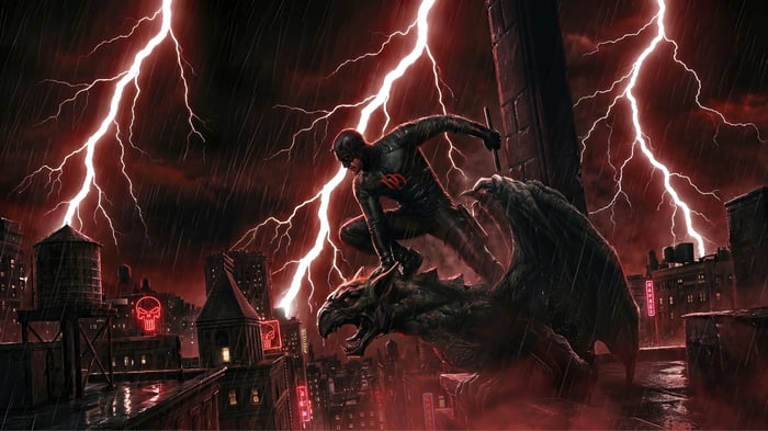 Daredevil on a gargoyle during a lightning storm