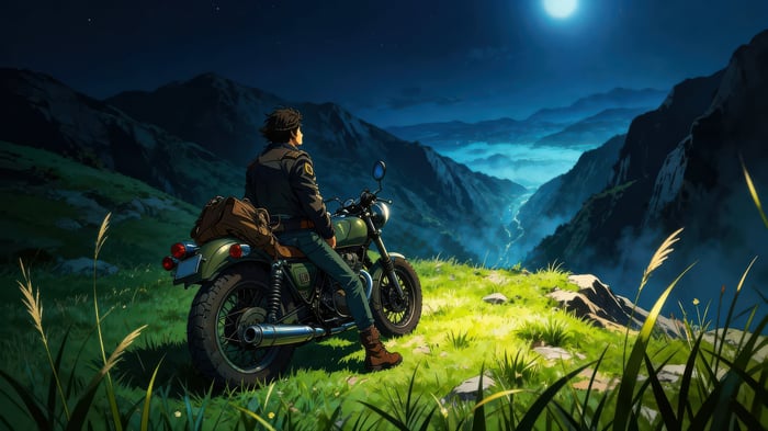 Man on a motorcycle overlooking a mountain valley at night