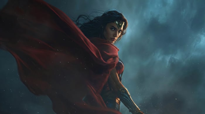 Wonder Woman in a Red Cape Against a Stormy Sky