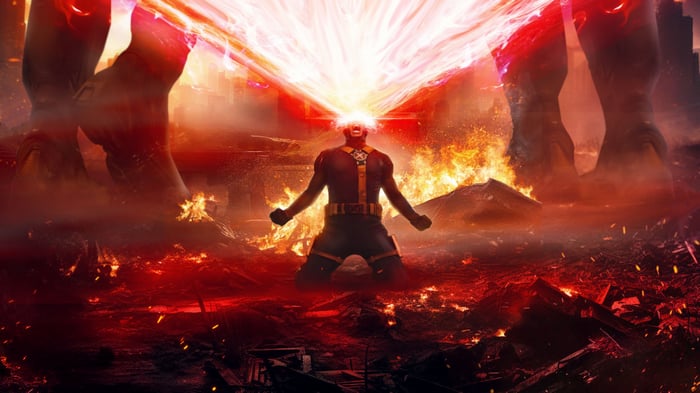 Cyclops Unleashes Optic Blast Amidst Fiery Destruction