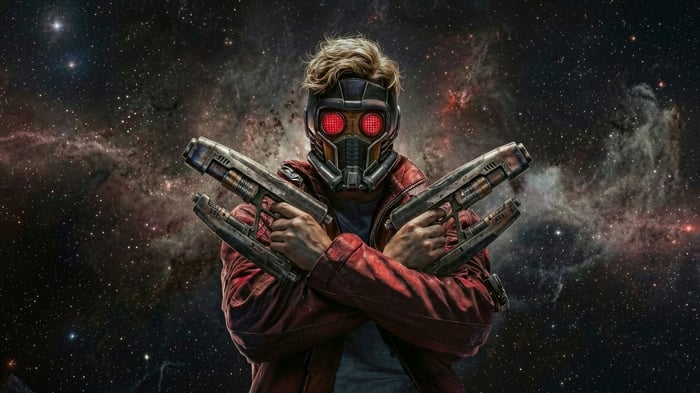 Star Lord holding two guns in space